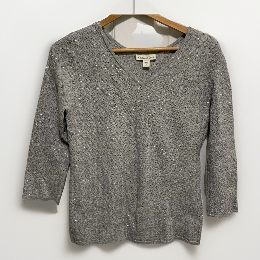 Coldwater Creek Women's Grey Sequin Tight Knit Sweater Medium Sequins Sparkle